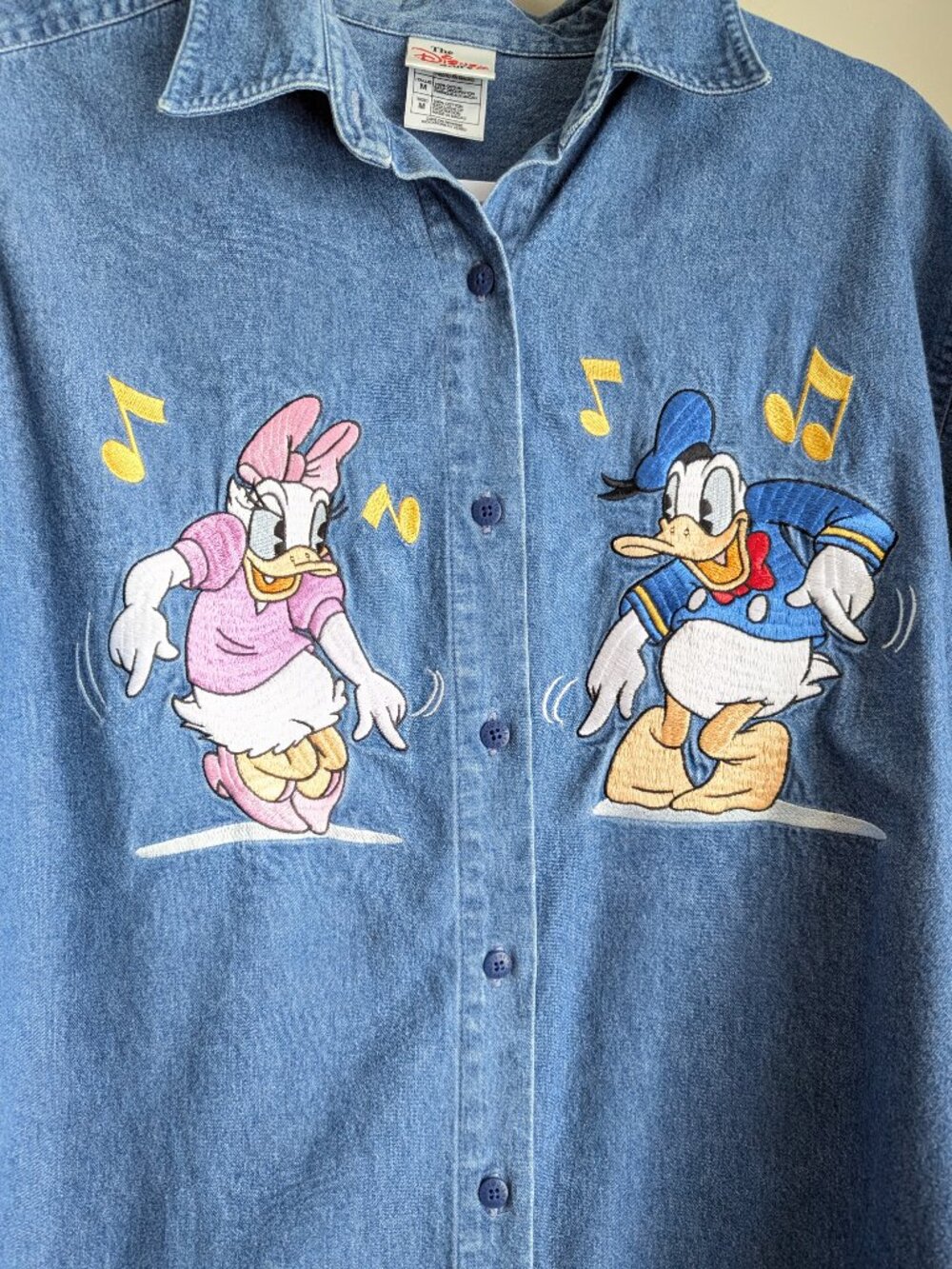The Disney Store Vintage Donald Duck Daisy Duck embroidered denim button shirt